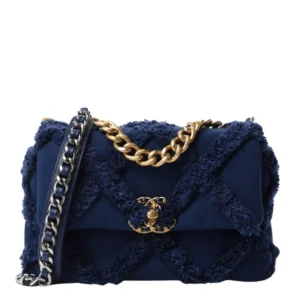 Chanel 19 Flap Bag in rich navy blue, with gold and silver chain embellishments.