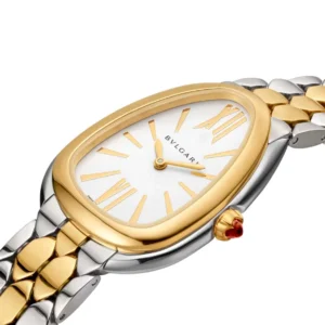 Stylish women's Bvlgari Serpenti watch in gold and silver tones, perfect for any outfit.