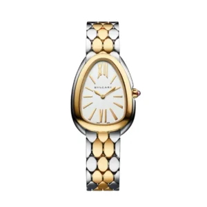 Stylish women's Bvlgari Serpenti watch in gold and silver tones, perfect for any outfit.