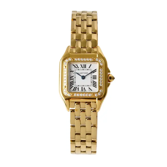 Elegant Cartier Panthere Gold ladies watch, crafted in 18k yellow gold, exudes timeless beauty and sophistication.