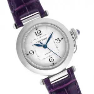 A stylish Cartier Pasha watch with a vibrant purple strap, perfect for adding a pop of color to any outfit.