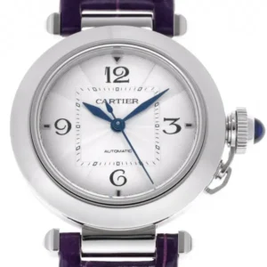 A stylish Cartier Pasha watch with a vibrant purple strap, perfect for adding a pop of color to any outfit.