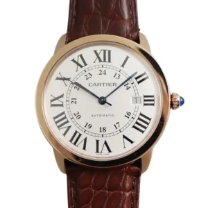 A timeless Cartier Ronde Solo 36mm watch, featuring a sleek brown leather strap. The perfect blend of elegance and sophistication.