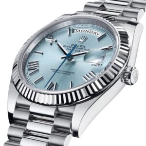 A 41mm Rolex Day-Date watch with a blue dial, known as the Day Date sky blue.