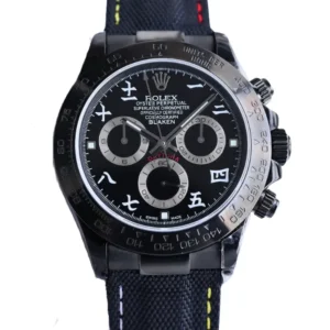 Black dial Rolex Daytona on white background, featuring Daytona Oyster Bracelet.
