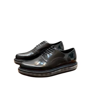A pair of black Prada derby shoes men with laces, priced at $300.