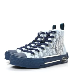Men's Dior B23 High Top sneakers featuring blue and white print, rubber sole, priced at $320.