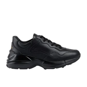 Black Gucci Rython sneakers with a black colour sole, made of leather, priced at $350