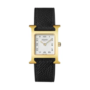 Stylish women's square Hermes Heure Watch with black leather strap, perfect for any outfit.