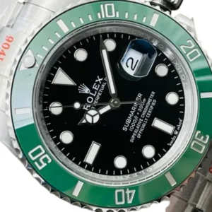 Men Rolex Submariner with Black Dial and Green Bezel, Stainless Steel Oyster Bracelet, Date Display at 3 O'Clock, 1000ft/300m Water Resistance Feature, Officially Certified Chronometer.