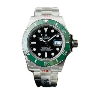 Men Rolex Submariner with Black Dial and Green Bezel, Stainless Steel Oyster Bracelet, Date Display at 3 O'Clock, 1000ft/300m Water Resistance Feature, Officially Certified Chronometer.
