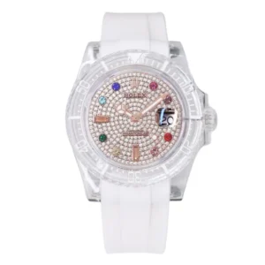 A Oyster Perpetual Multi color dial watch adorned with vibrant stones on its face, adding a touch of color to its elegant design.