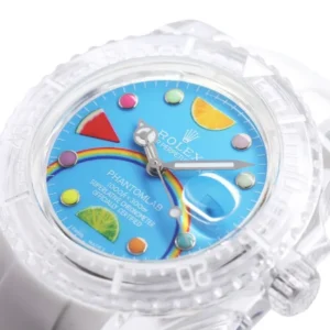 A stylish Oyster Perpetual Rolex white watch with vibrant colorful designs, perfect for adding a pop of color to any outfit.