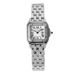 A sleek silver stainless steel Panthere De Cartier ladies watch, exuding elegance and style.