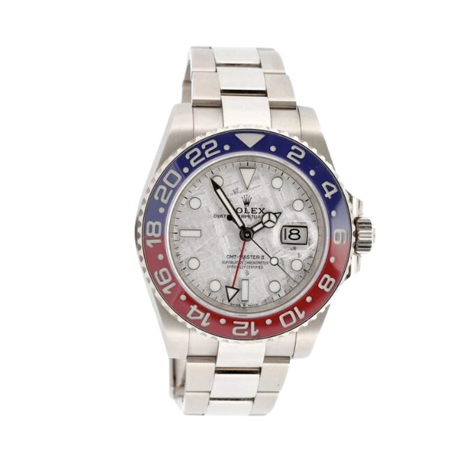 Rolex GMT Master II White Gold Stainless Steel Watch with Pepsi Meteorite Dial.