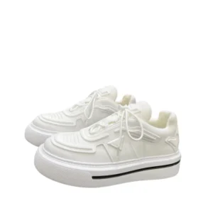 Stylish white Prada Monolith sneakers with laces, crafted from re-nylon material and showcasing a lug-sole
