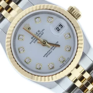 A stunning Rolex Datejust ladies watch with a white dial and a diamond bezel, exuding elegance and luxury.