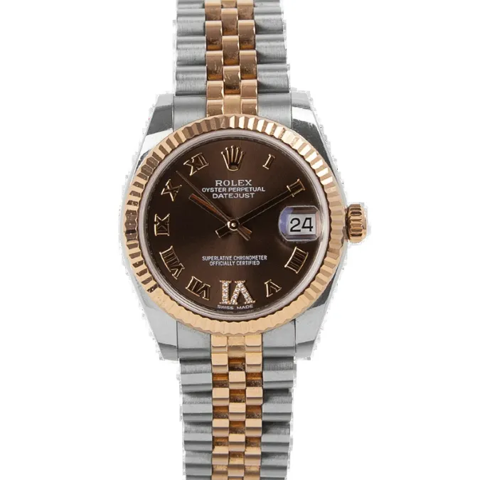 A luxurious Rolex Datejust Brown watch with a brown dial and elegant Roman numerals.