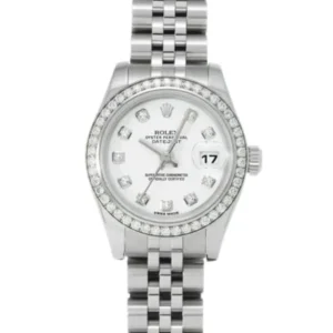 A luxurious Rolex Datejust White watch with a stunning white dial and a diamond-encrusted bezel. Elevate your style with this exquisite timepiece.