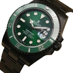 Experience the timeless beauty of the Rolex Submariner, showcasing a stunning green ceramic watch that adds a touch of exclusivity to any ensemble.