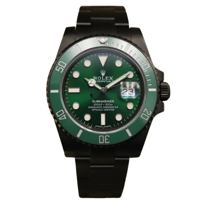 Experience the timeless beauty of the Rolex Submariner, showcasing a stunning green ceramic watch that adds a touch of exclusivity to any ensemble.