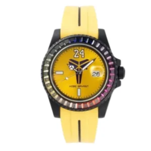 A stylish Rolex Submariner yellow watch with a black and yellow face, perfect for adding a pop of color to any outfit.