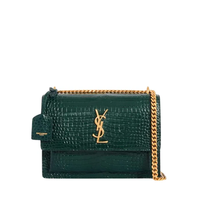 Elevate your style with the exquisite Saint Laurent Green Sunset crocodile embossed leather shoulder bag, a must-have accessory.