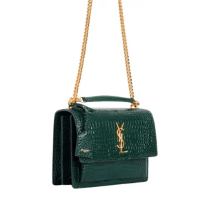Elevate your style with the exquisite Saint Laurent Green Sunset crocodile embossed leather shoulder bag, a must-have accessory.