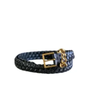 Add a touch of luxury to your outfit with this black braided belt adorned with a gold chain.
