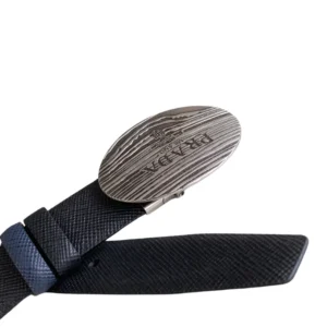 Prada Black leather with a sleek silver oval buckle belt.