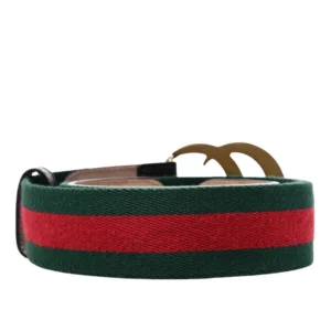 Gucci Web belt with gold buckle and green and red stripes, perfect accessory for any outfit.