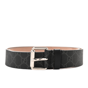 Black Gucci monogram belt featuring a stunning gold GG buckle, a must-have accessory for any fashionista.