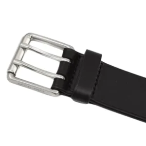 Classic BV black leather belt accented with metallic Double Pin Buckle.