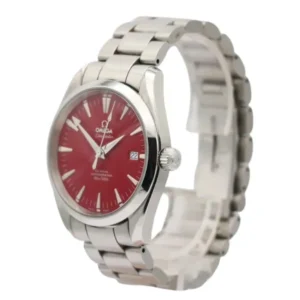 A stylish Omega Seamaster Co-Axial Aqua Terra watch for women, featuring a vibrant red dial. Perfect for adding a pop of color to any outfit!