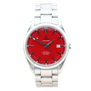A stylish Omega Seamaster Co-Axial Aqua Terra watch for women, featuring a vibrant red dial. Perfect for adding a pop of color to any outfit!