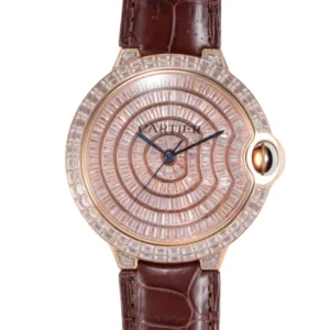 A stylish Ballon Bleu de Cartier women's watch with a chic brown leather strap, perfect for adding a touch of elegance to any outfit.