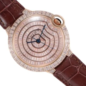 A stylish Ballon Bleu de Cartier women's watch with a chic brown leather strap, perfect for adding a touch of elegance to any outfit.