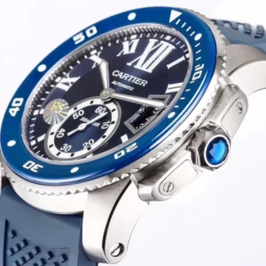 Close-up of a stylish Cartier Caliber Diver watch with a blue face and bracelet.