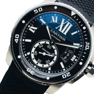A sleek Cartier Caliber watch with a black dial and stylish hands. Perfect for those who appreciate timeless elegance.
