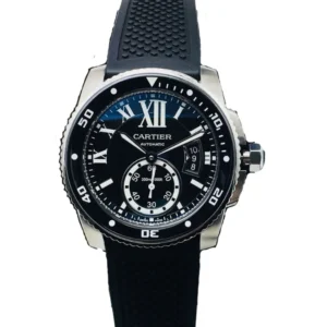 A sleek Cartier Caliber watch with a black dial and stylish hands. Perfect for those who appreciate timeless elegance.