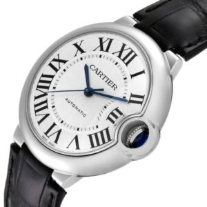 Stylish Cartier Stainless Steel watch showcasing a silver dial and iconic blue sapphire crown.