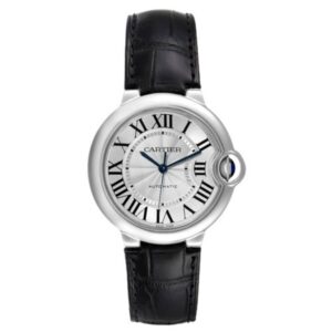 Stylish Cartier Stainless Steel watch showcasing a silver dial and iconic blue sapphire crown.