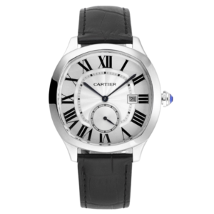 Stylish Cartier Drive watch featuring a sleek black leather strap, ideal for a classic and timeless look.