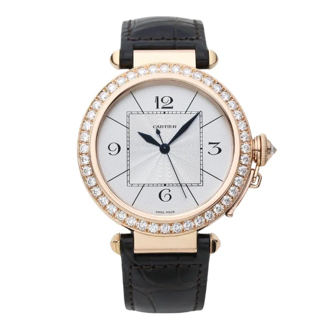 A luxurious Cartier Pasha Rose Gold watch with a sleek design and elegant details.