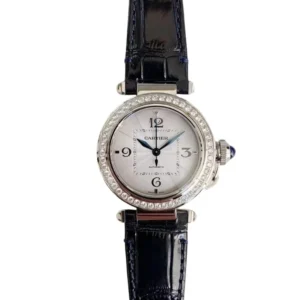 Stylish Cartier Pasha White Gold watch for women featuring dazzling diamonds on the dial.