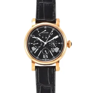 Classic Cartier Quartz timepiece in black and gold with Roman numerals.
