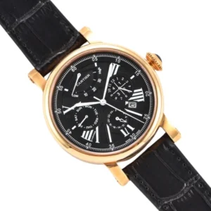Classic Cartier Quartz timepiece in black and gold with Roman numerals.