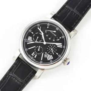 A sleek Cartier quartz watch with Roman numerals on its black and white face. Timeless elegance in monochrome.