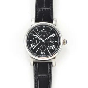 A sleek Cartier quartz watch with Roman numerals on its black and white face. Timeless elegance in monochrome.