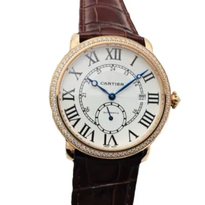A luxurious Cartier Ronde Louis watch adorned with sparkling diamonds and elegant Roman numerals.